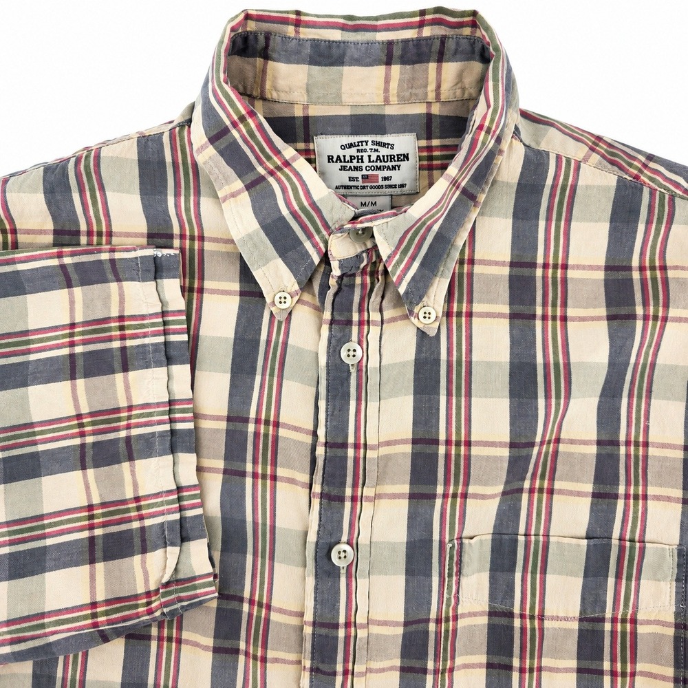 Ralph Lauren Plaid Shirt Mens M Heritage Workwear Cotton SS Tan Navy Red Classic